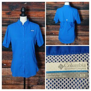 Columbia Top S PFG Omni Shade Tamiami Blue Snap Front Vented Zipped Pockets